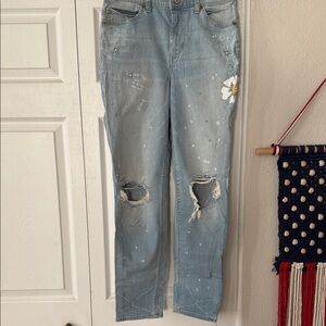 Express Light Blue Boyfriend Jeans with Floral Accent